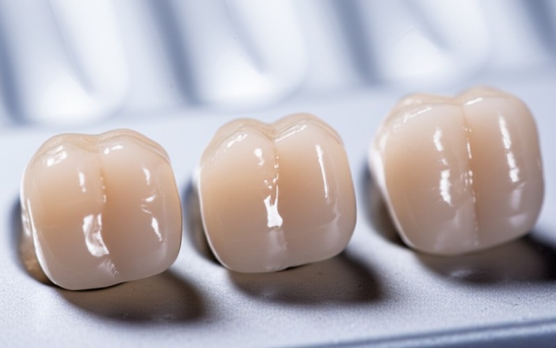 Finished, life-like ceramic dental crowns