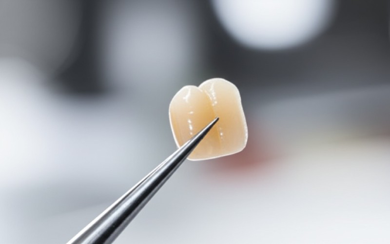 Finished zirconia crown held by tweezers