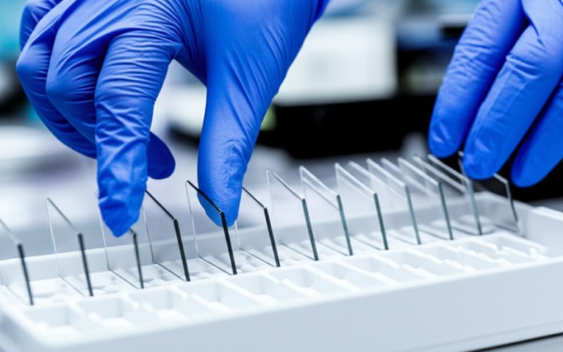 Gloved hands organizing microscope slides in a lab