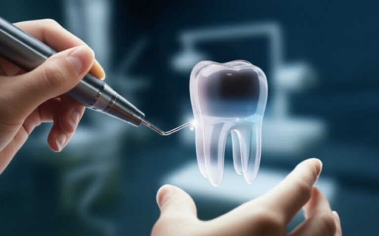 Hands using a haptic dental tool