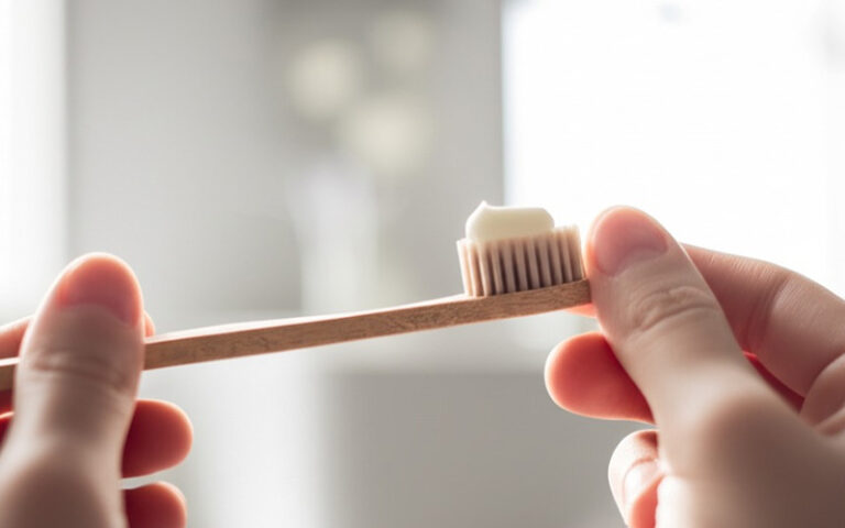 Holding a wooden toothbrush in a bathroom