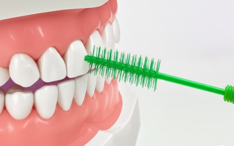 Interdental brush cleaning a tooth model