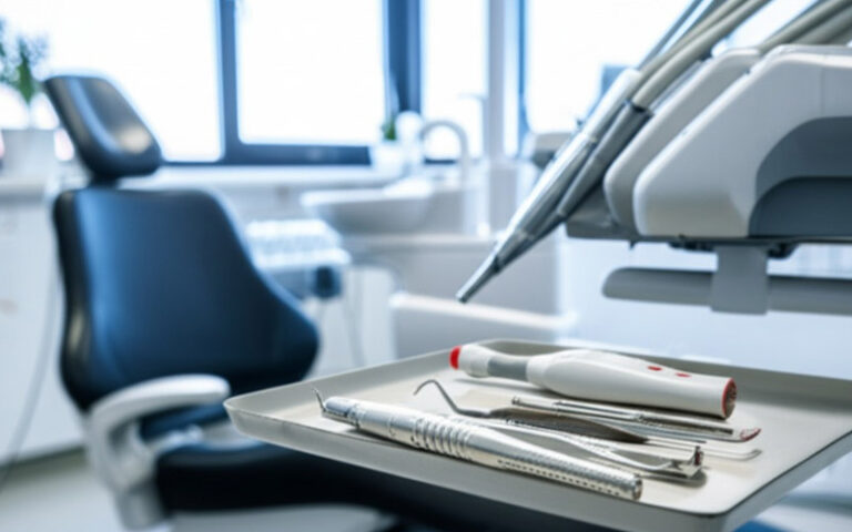 Modern dental instruments on tray