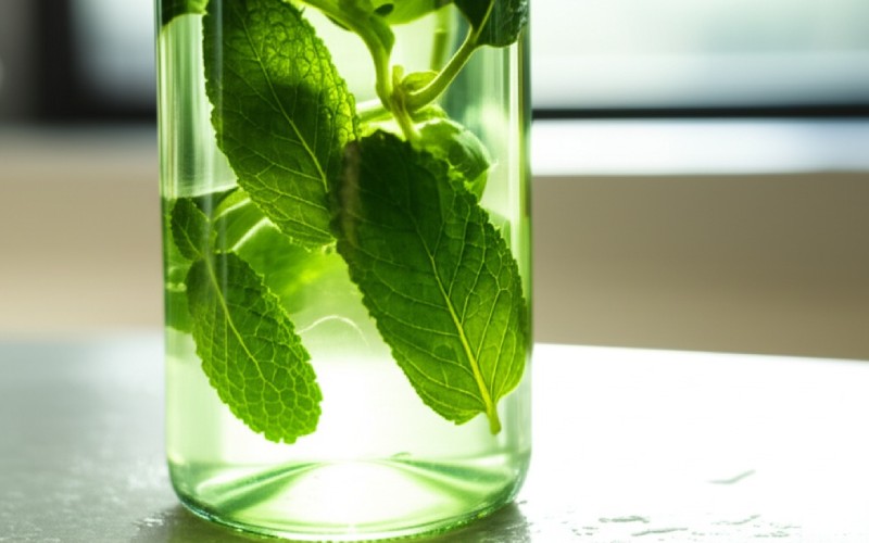 Mouthwash bottle with mint leaves