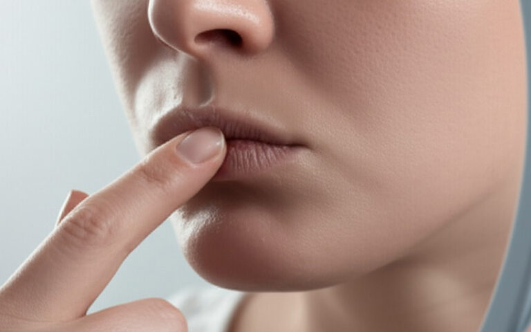 Person checking their numb lip