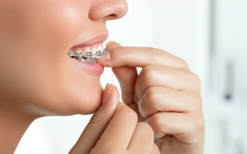 Person easily flossing straight teeth