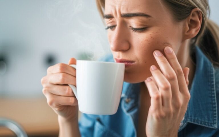 Person feeling tooth pain while drinking something hot