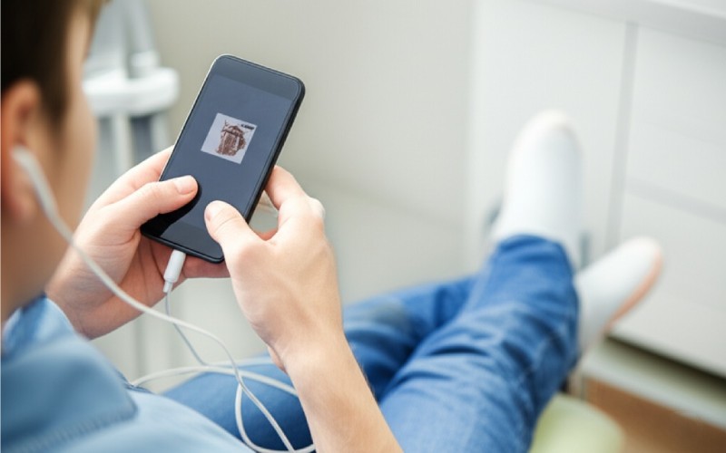 Person listening to headphones calmly