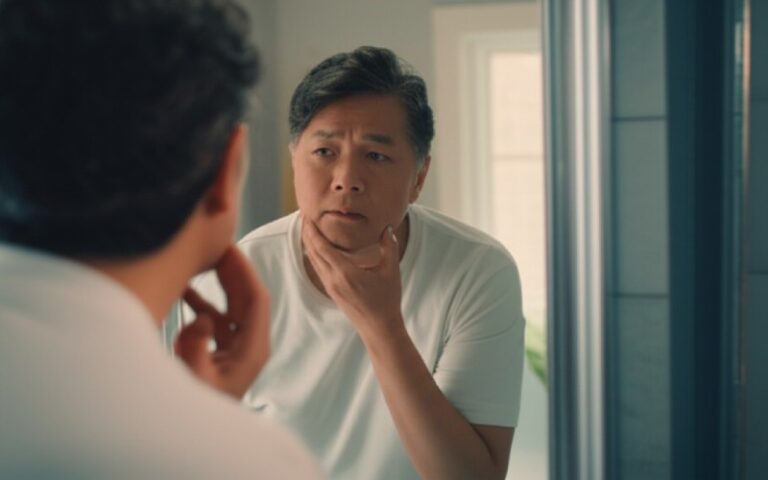 Person looking with concern at their reflection in a mirror