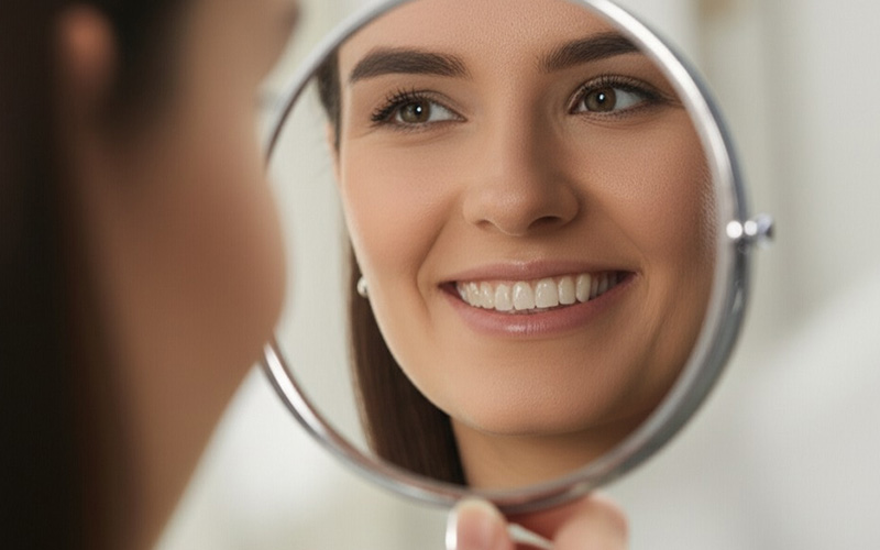 Person seeing a chipped veneer in mirror