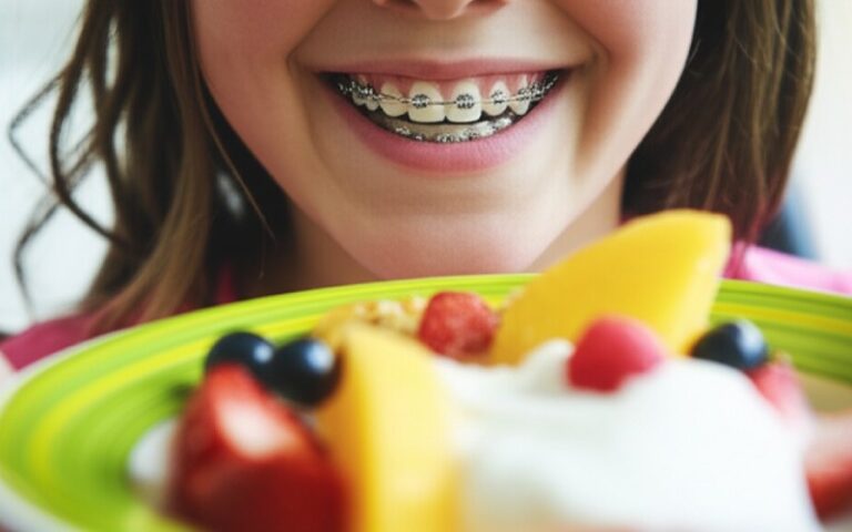 Person with braces smiling over a plate of soft food