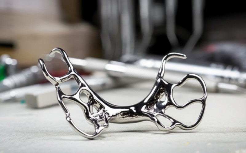 Polished metal denture framework in a lab