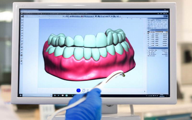 Technician designing a dental crown on a computer