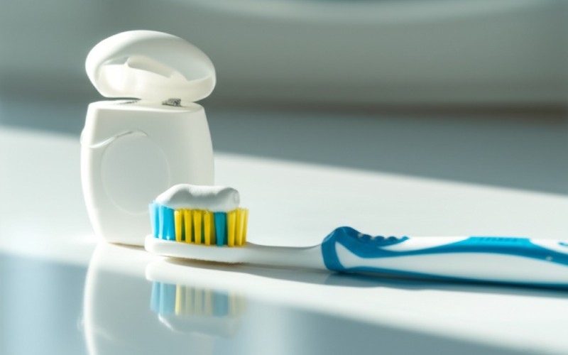 Toothbrush with fluoride toothpaste and dental floss