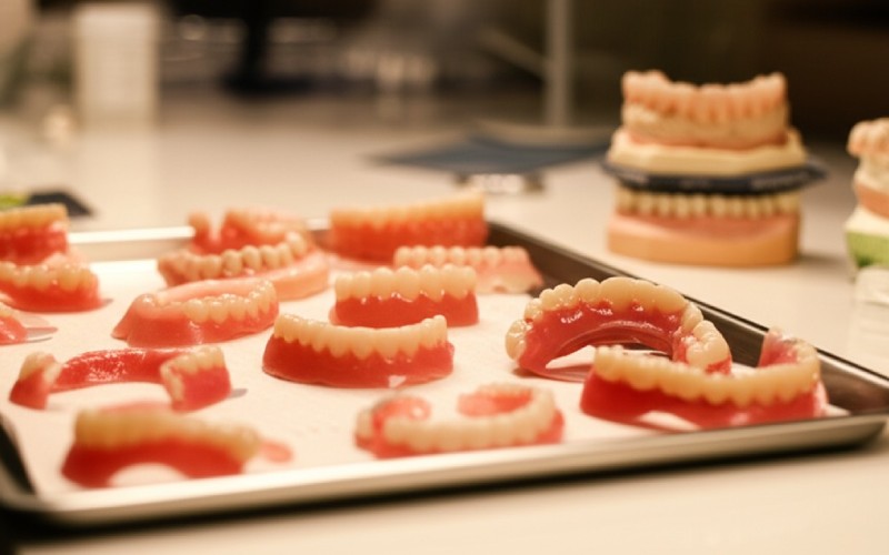Various types of dentures on a tray
