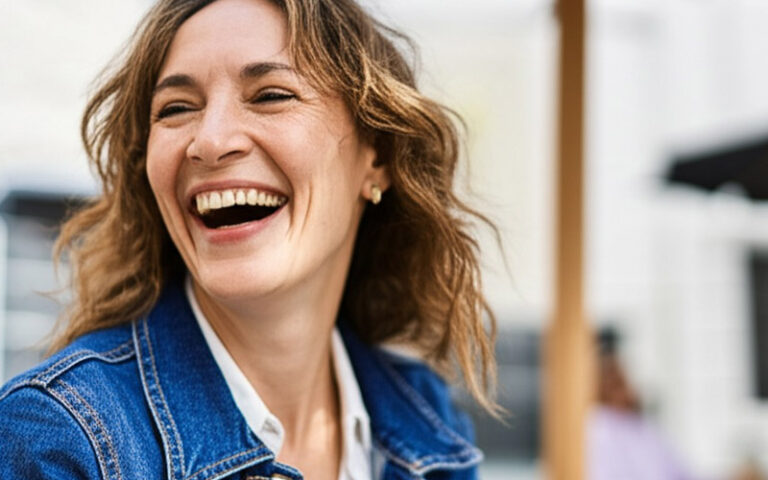 Woman laughing confidently at a cafe