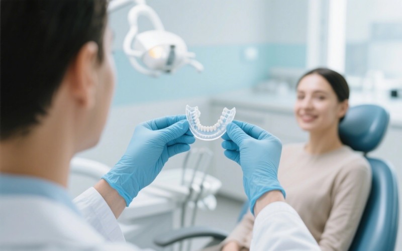 Tandlæge viser en patient en oral apparatur