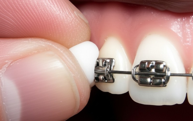 Nakładanie wosku dentystycznego na aparat ortodontyczny