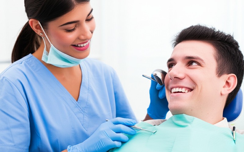 Dentist and patient in calm conversation