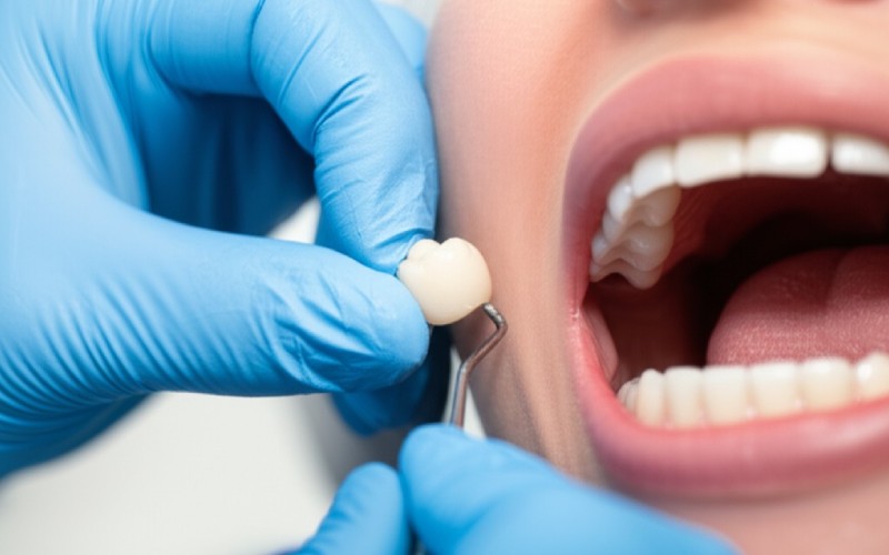 Dentysta sprawdzający nową koronę dentystyczną