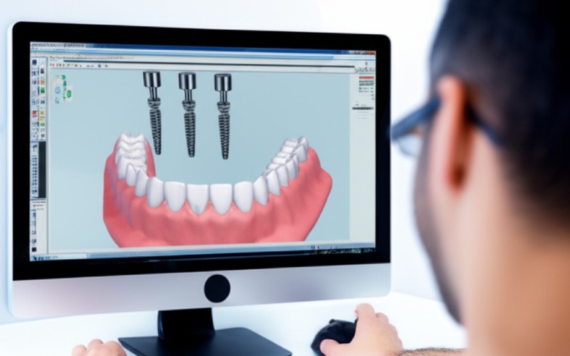 Dentista planificando la colocación de implantes dentales en un ordenador