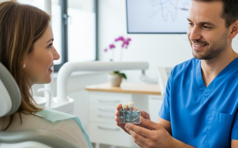 Zahnarzt zeigt einem Patienten ein Modell eines Zahnimplantats