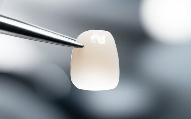 Porcelain veneer held by tweezers