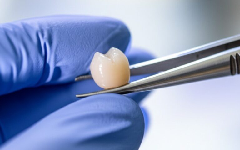 Technician holding a zirconia crown