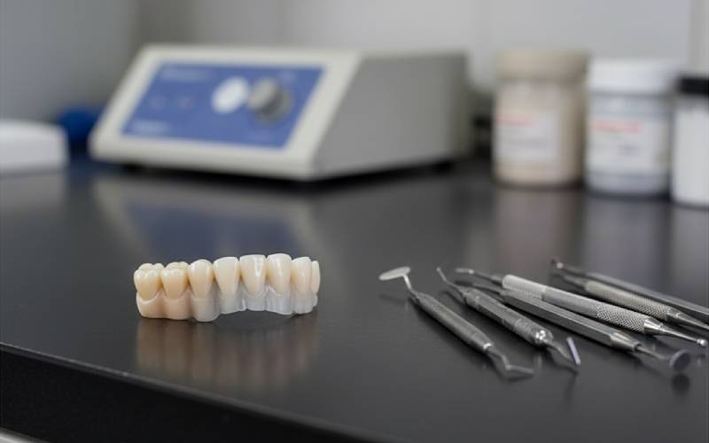 A finished porcelain dental bridge