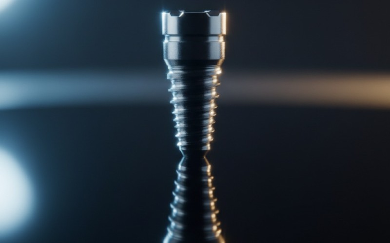 Macrofotografía artística de un implante dental de titanio