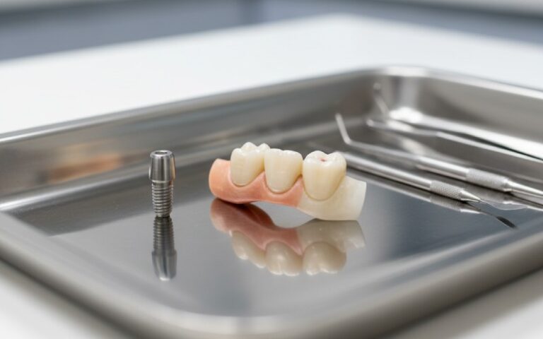 Dental implant and bridge on a sterile tray