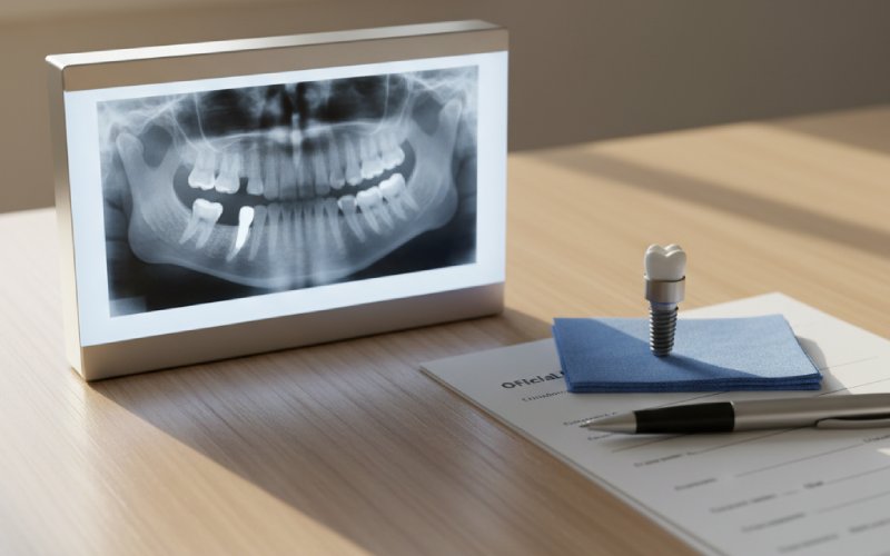 Dental implant model and paperwork on a desk