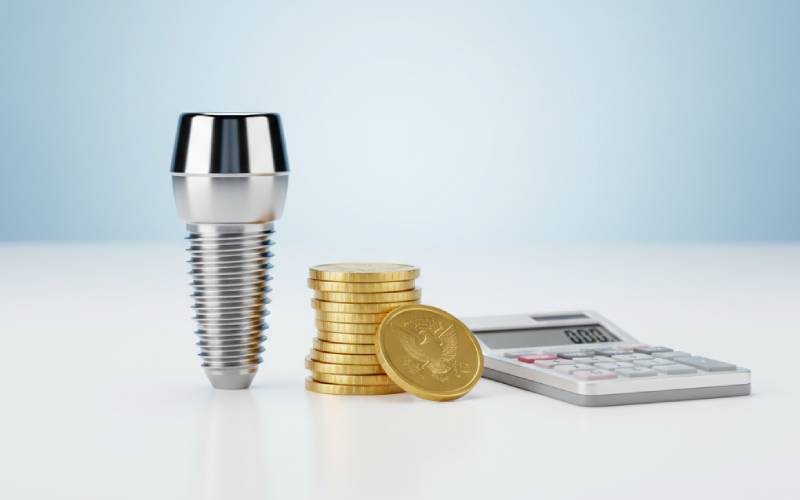 Dental implant model with coins and calculator