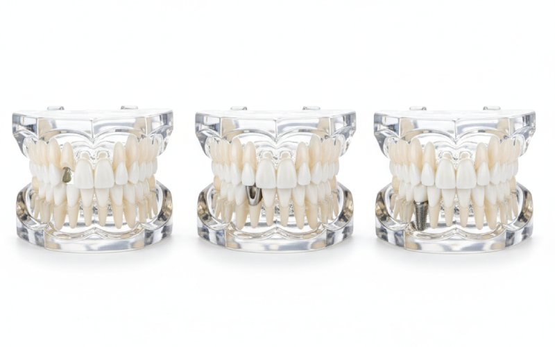 Modelos dentales que muestran un hueco, un puente y un implante