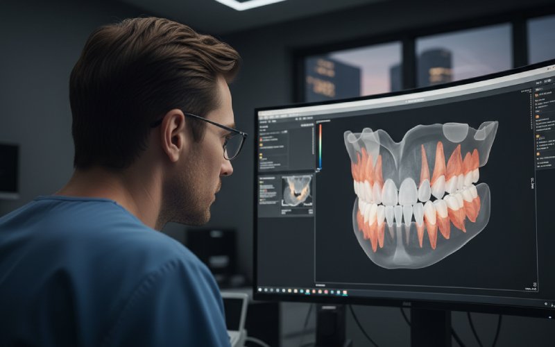 Dentist reviewing scan showing bone loss