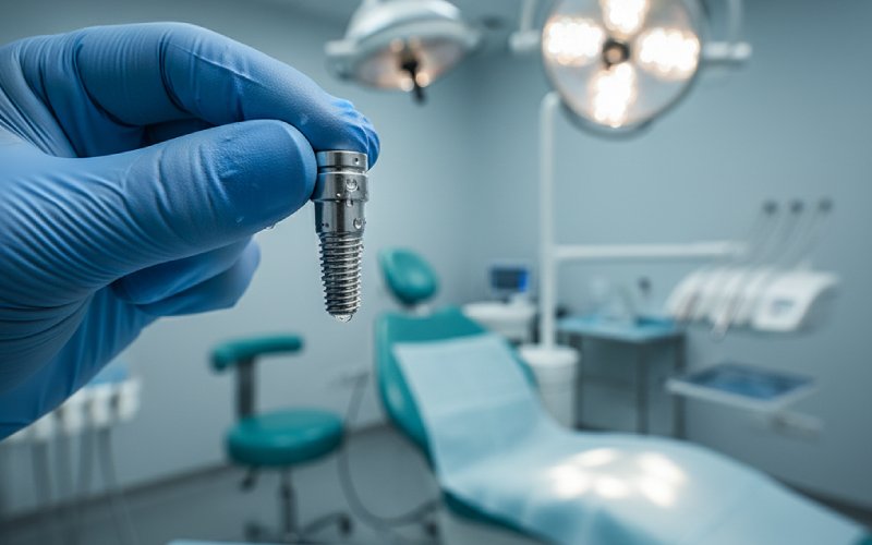 Mano enguantada sujetando un implante dental