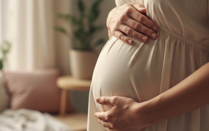 Hænder, der forsigtigt holder en gravid mave