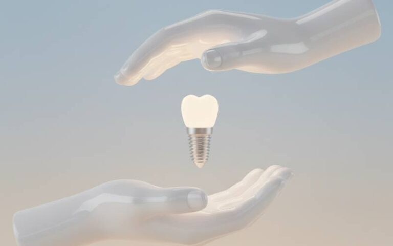 Helping hands offering a dental implant