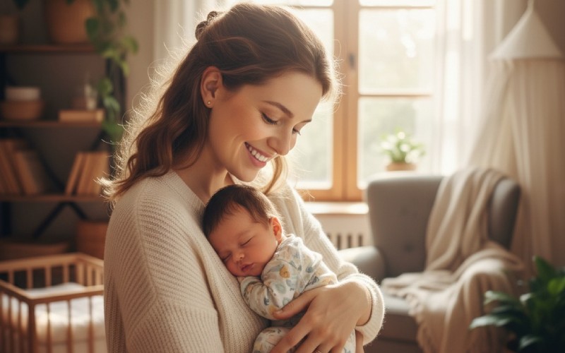 Nybagt mor med et strålende smil holder sin baby