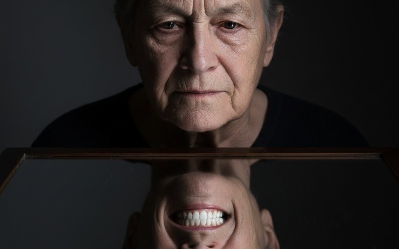 La persona ve su futura sonrisa de confianza en un reflejo