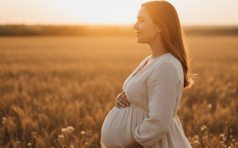 Gravid kvinde smiler håbefuldt ved solnedgang