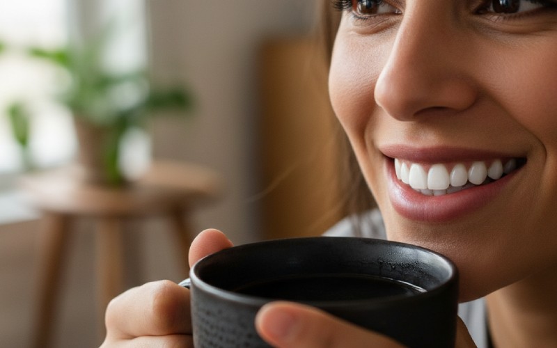 A bright, unstained smile next to a coffee mug
