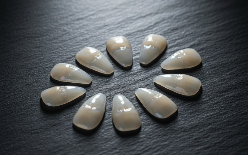 A close-up of several pristine zirconia veneers