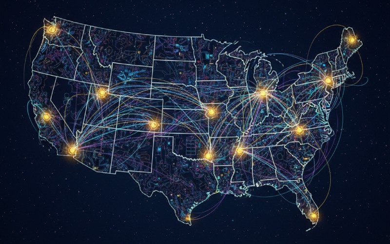 Abstract map showing glowing locations
