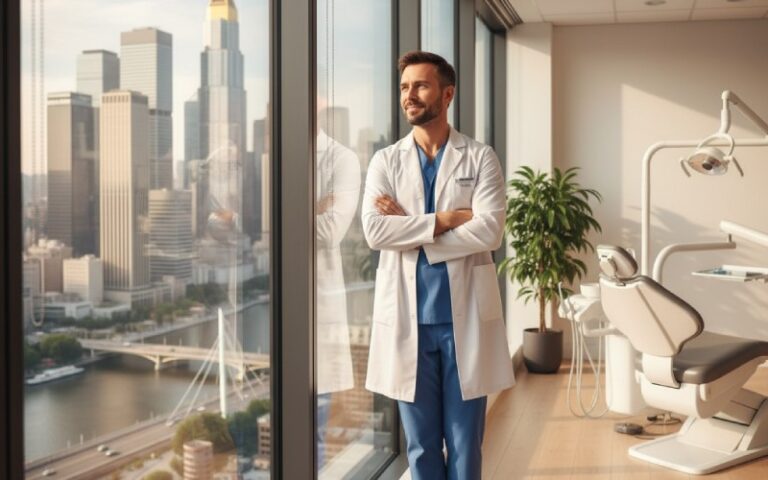 Dentist contemplating a city skyline