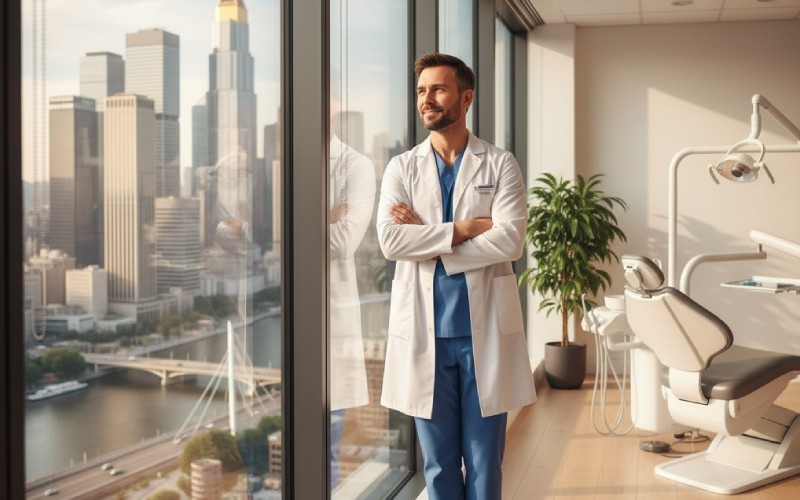 Dentist contemplating a city skyline