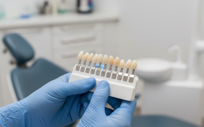Dentist holding a dental shade guide