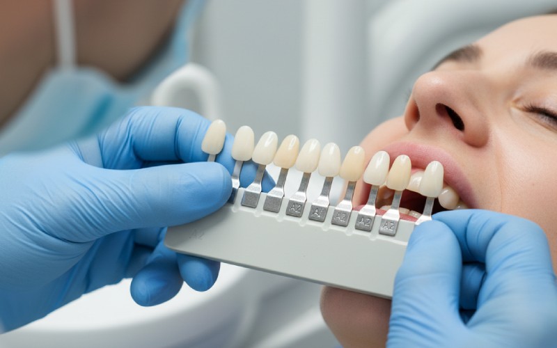 Dentist matching a tooth shade for a veneer