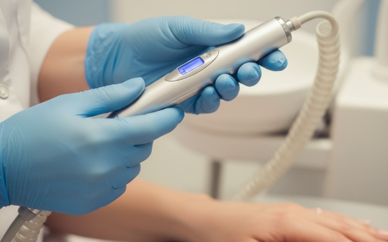 Dentist's hands with modern numbing tool