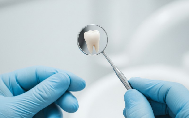 Gloved hands holding a dental mirror